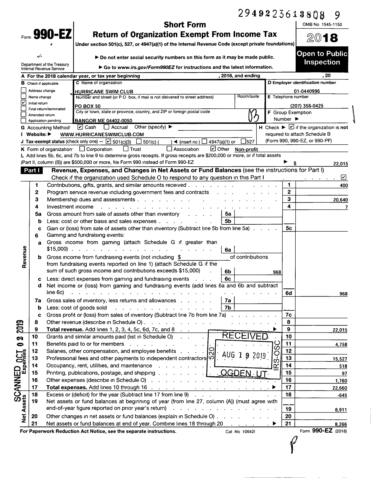 Image of first page of 2018 Form 990EZ for Hurricane Swim Club