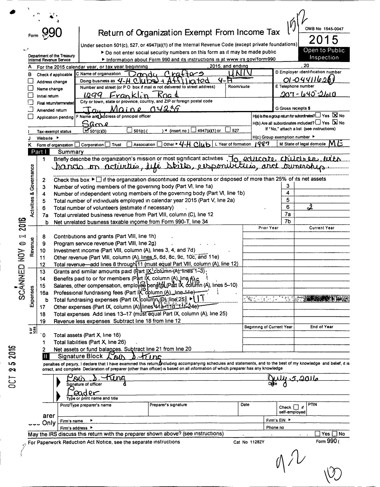 Image of first page of 2015 Form 990 for University of Maine System / 4-H Clubs and Affiliated 4-H