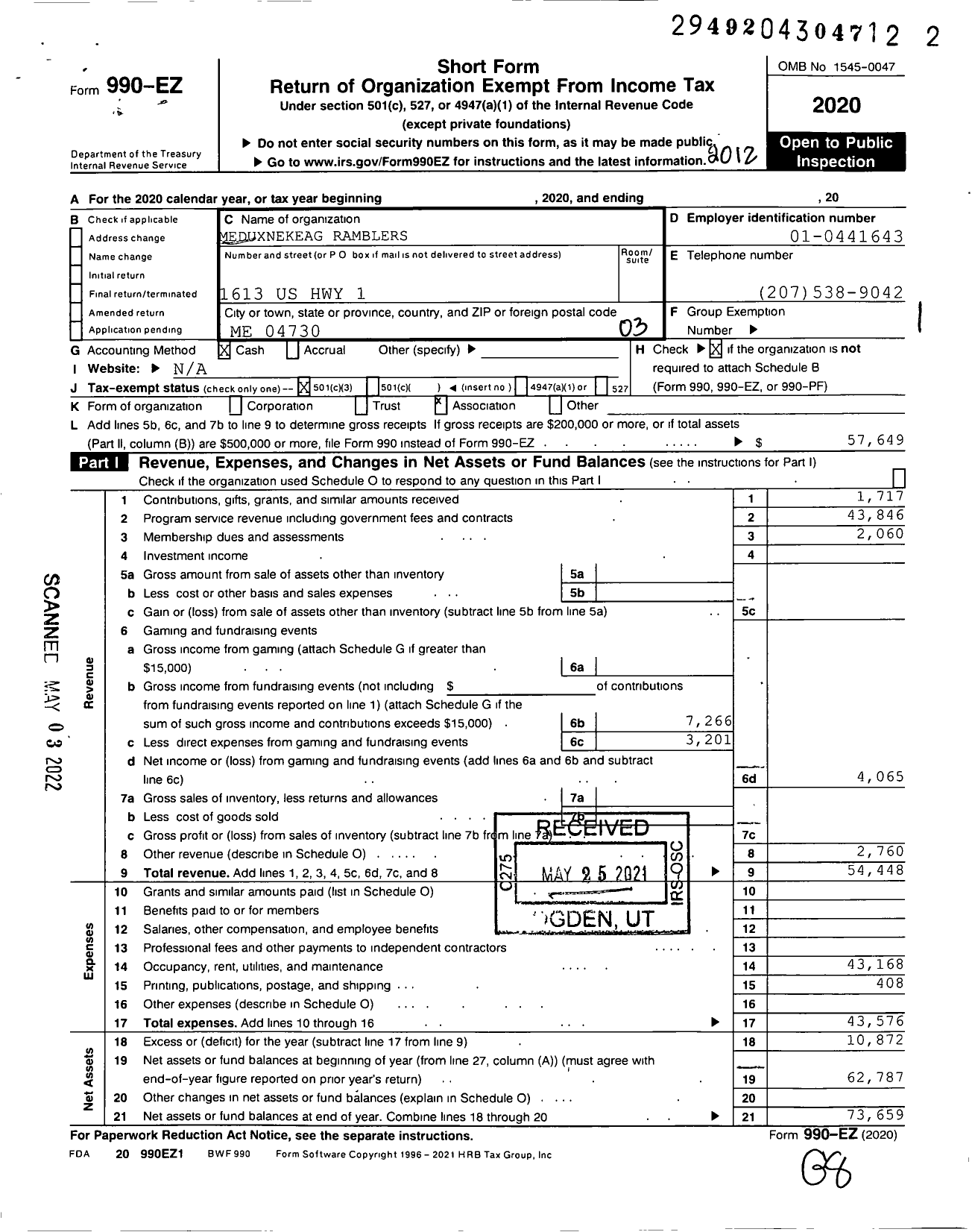 Image of first page of 2020 Form 990EZ for Meduxnekeag Ramblers