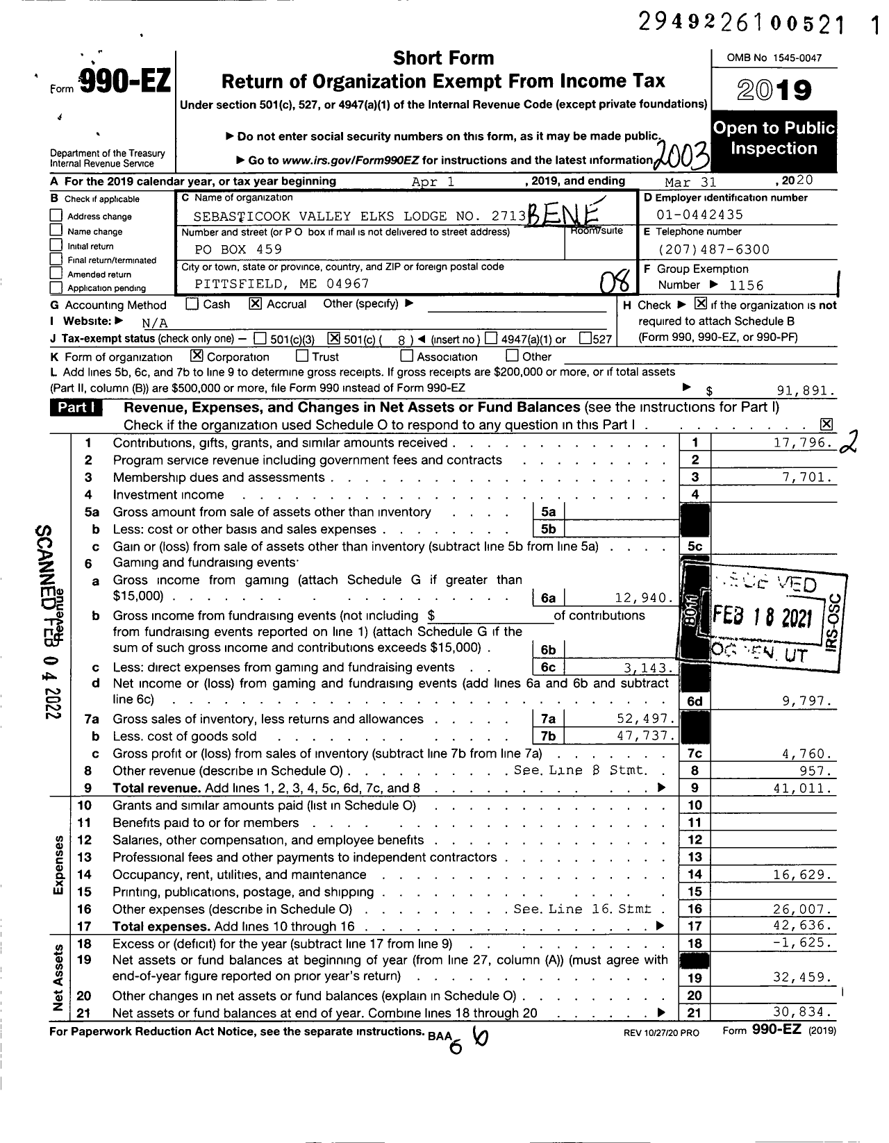 Image of first page of 2019 Form 990EO for Benevolent and Protective Order of Elks - 2713 Sebasticook Valley