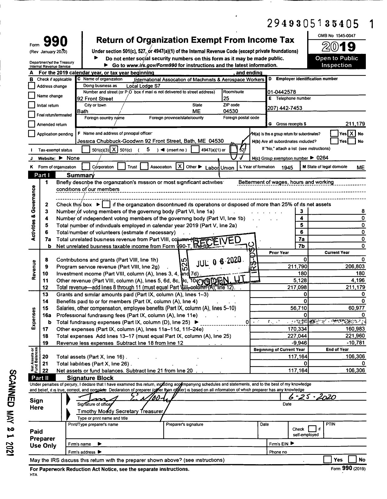 Image of first page of 2019 Form 990O for International Association of Machinists and Aerospace Workers - Local Lodge S7