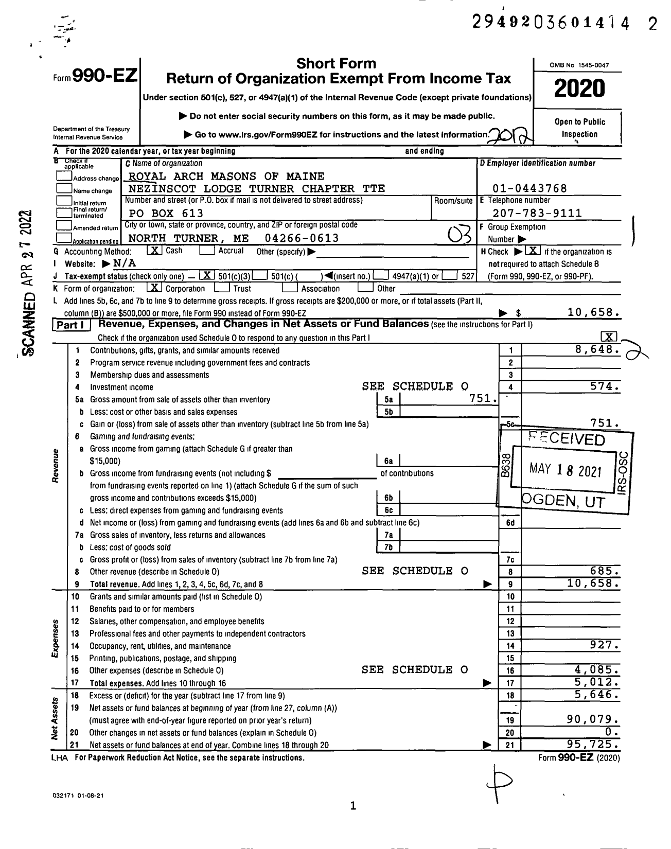 Image of first page of 2020 Form 990EZ for Royal Arch Masons of Maine Nezsinscot Lodge Turner Chapter Tte