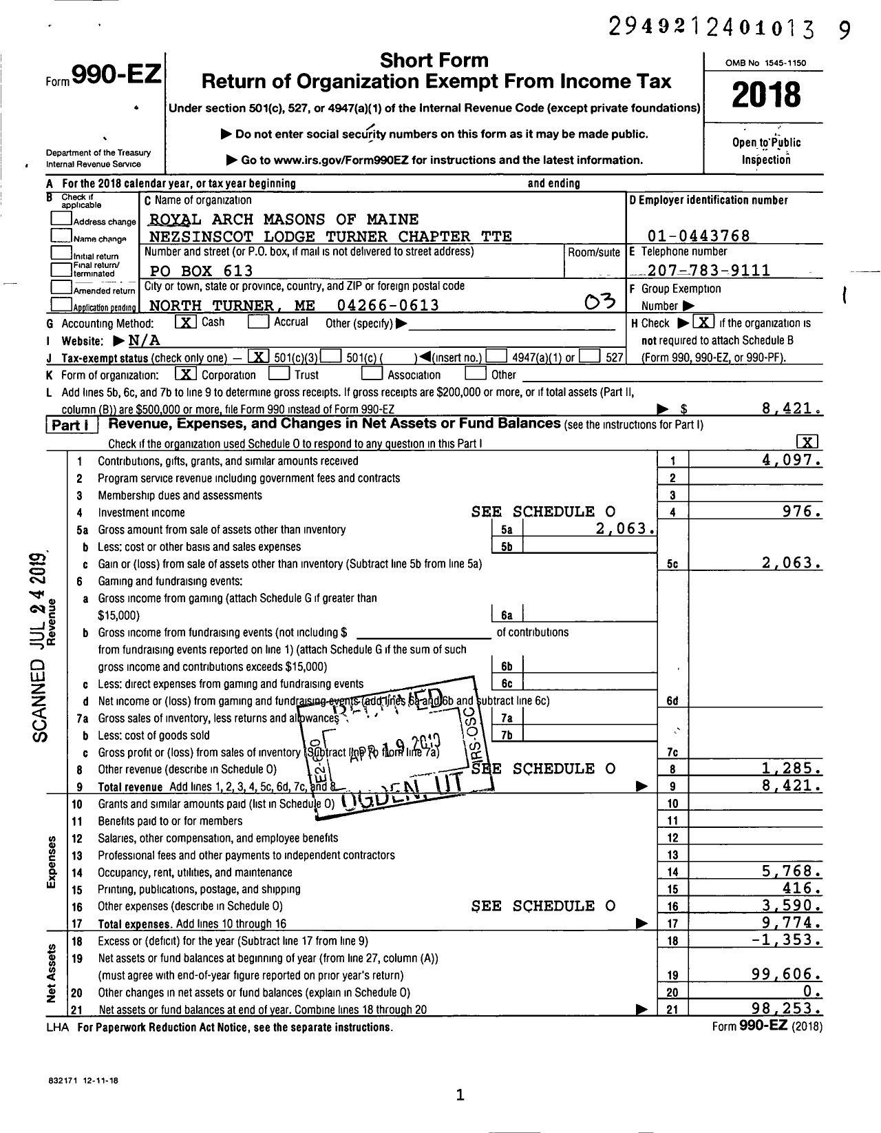 Image of first page of 2018 Form 990EZ for Royal Arch Masons of Maine Nezsinscot Lodge Turner Chapter Tte