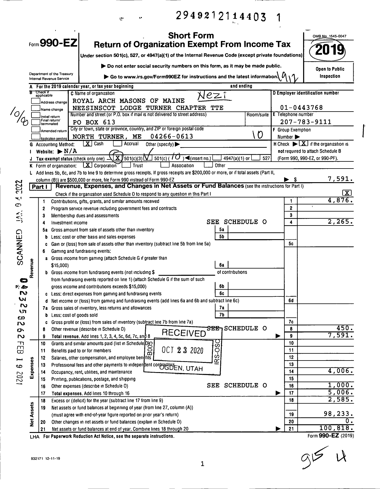Image of first page of 2019 Form 990EO for Royal Arch Masons of Maine Nezsinscot Lodge Turner Chapter Tte