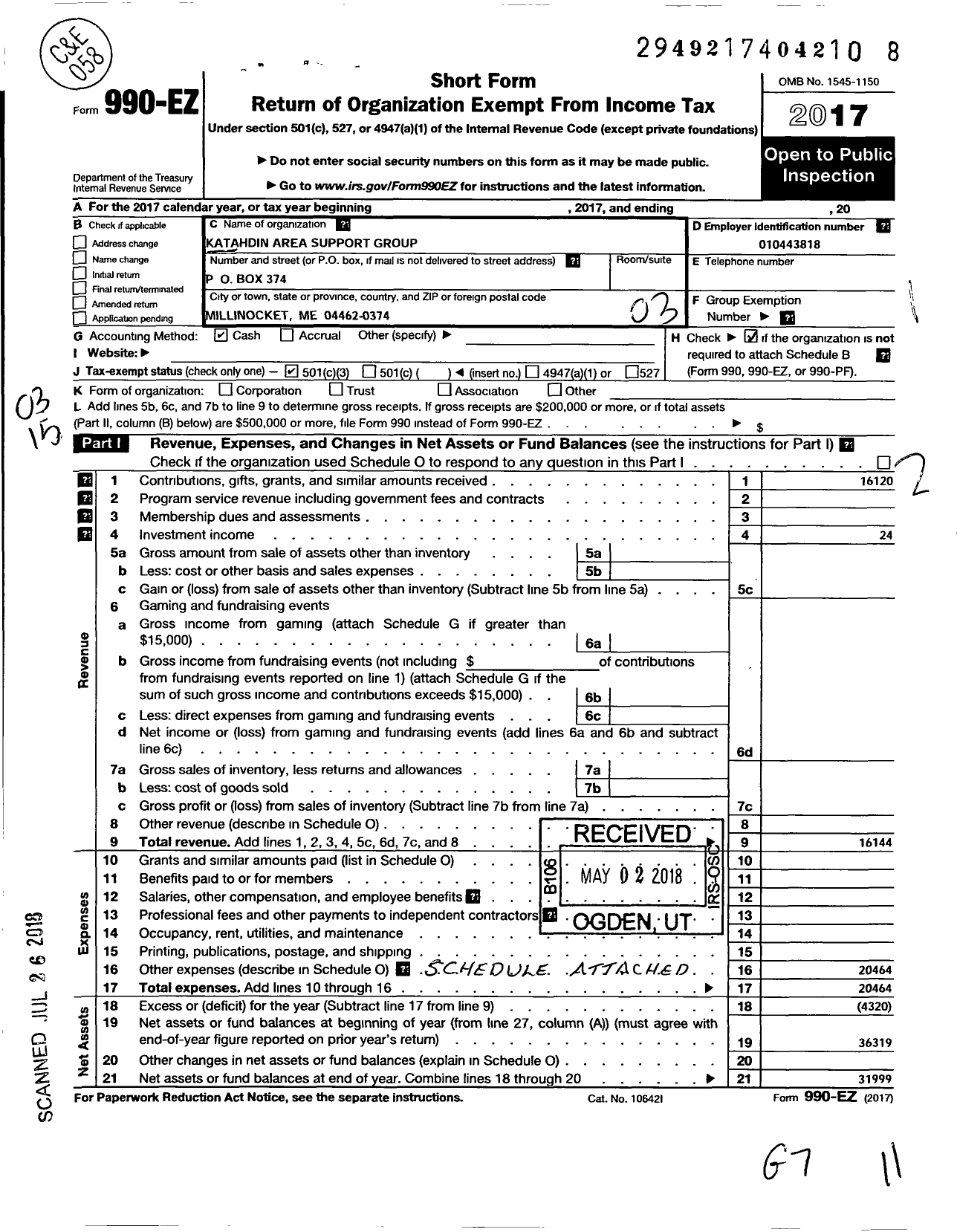 Image of first page of 2017 Form 990EZ for Katahdin Area Support Group