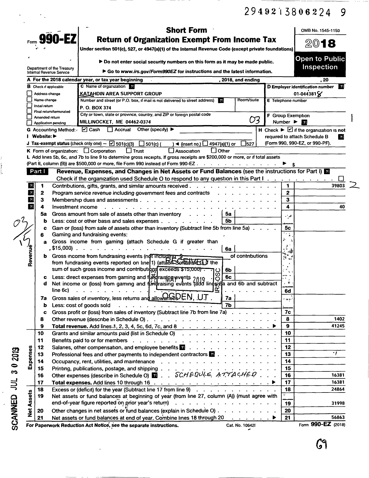 Image of first page of 2018 Form 990EZ for Katahdin Area Support Group