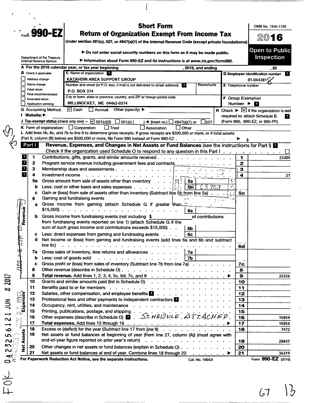 Image of first page of 2016 Form 990EZ for Katahdin Area Support Group