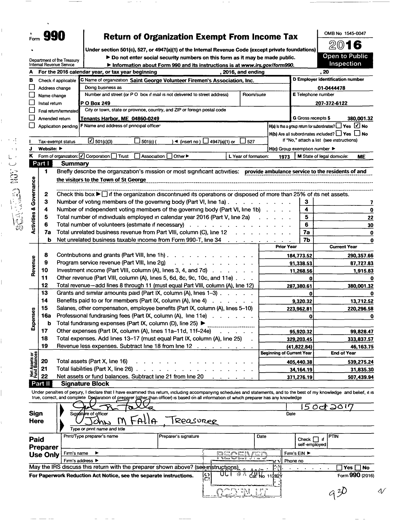 Image of first page of 2016 Form 990 for Saint George Volunteer Firemen's Association