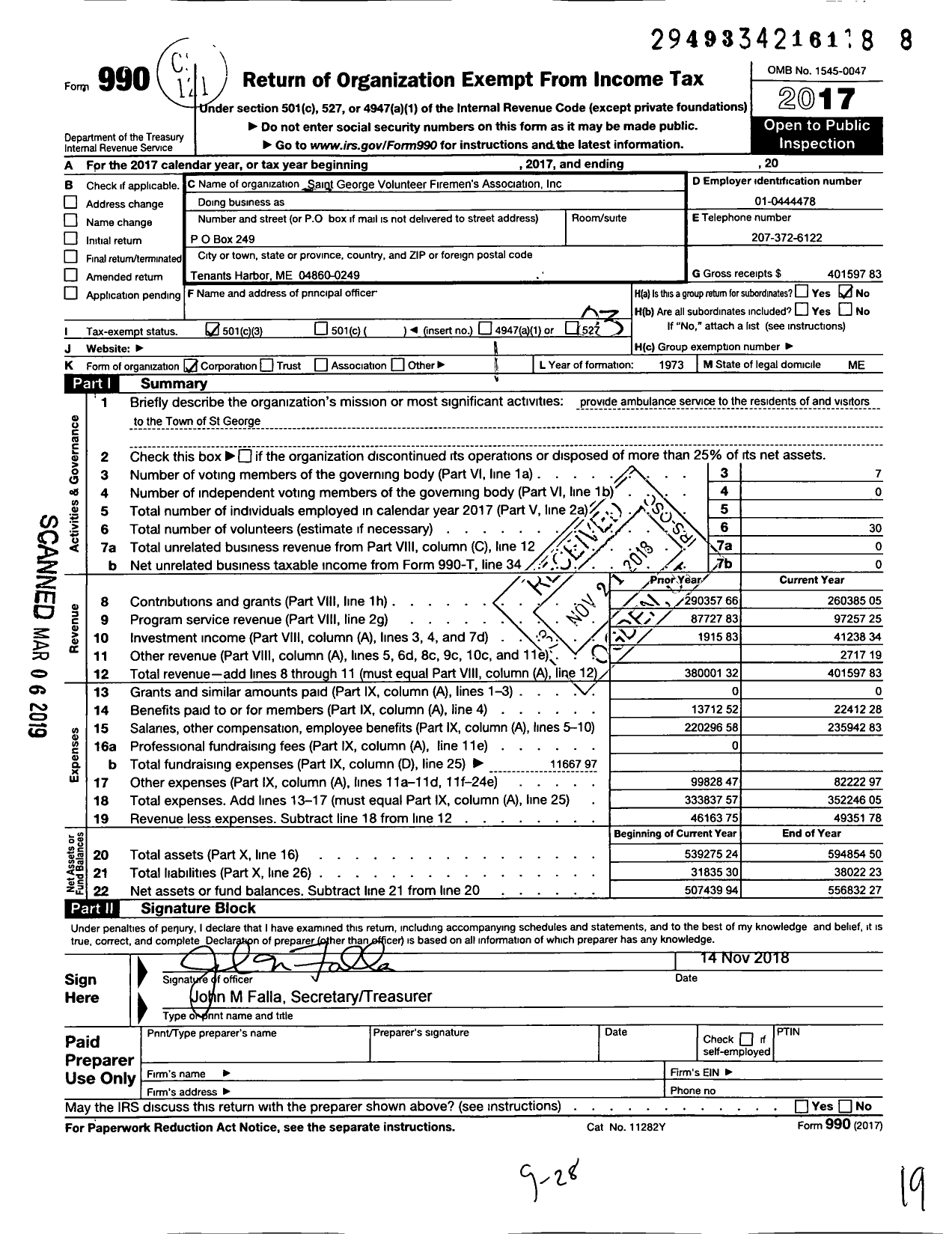 Image of first page of 2017 Form 990 for Saint George Volunteer Firemen's Association