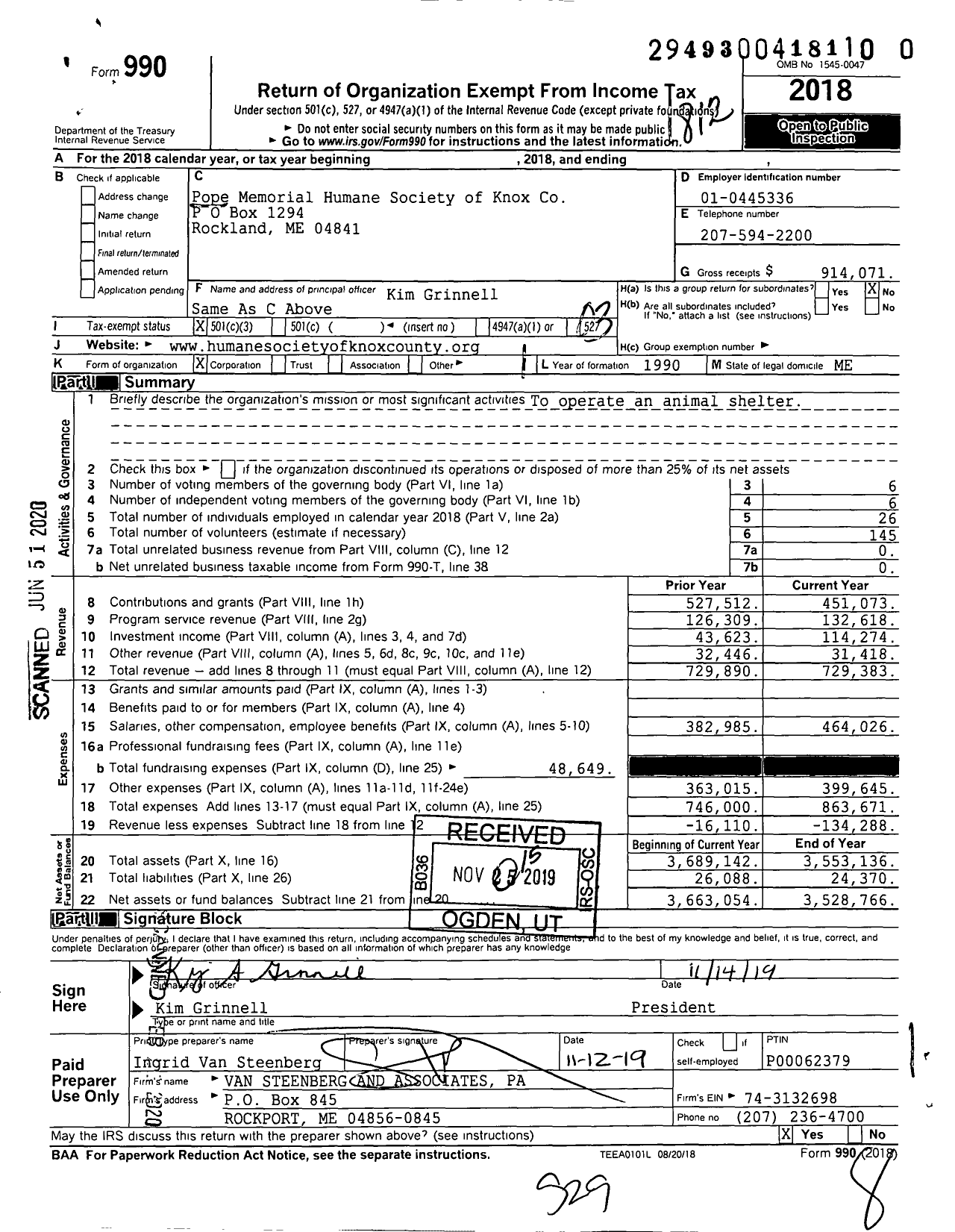 Image of first page of 2018 Form 990 for Pope Memorial Humane Society of Knox County (PMHSKC)