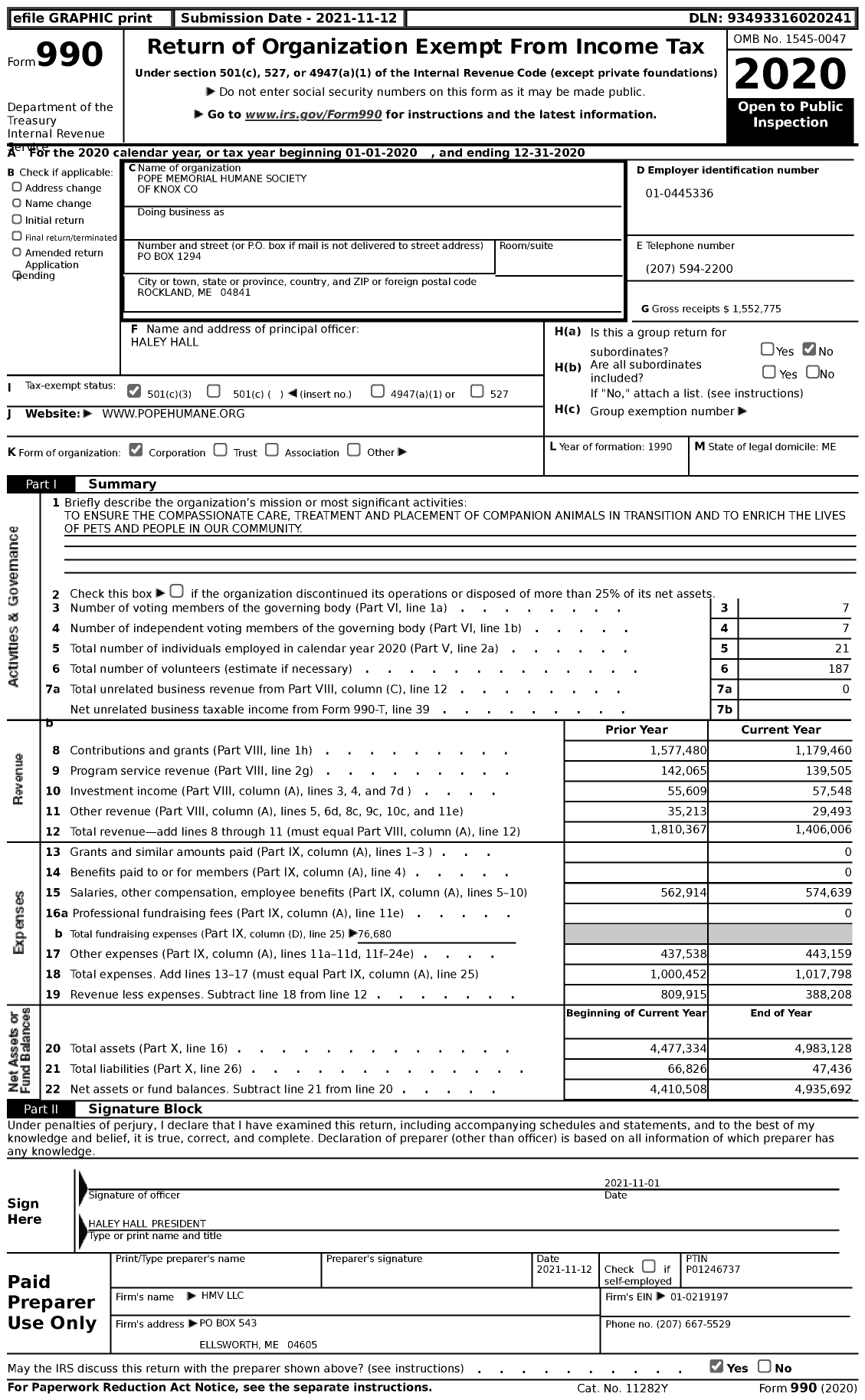 Image of first page of 2020 Form 990 for Pope Memorial Humane Society of Knox County (PMHSKC)