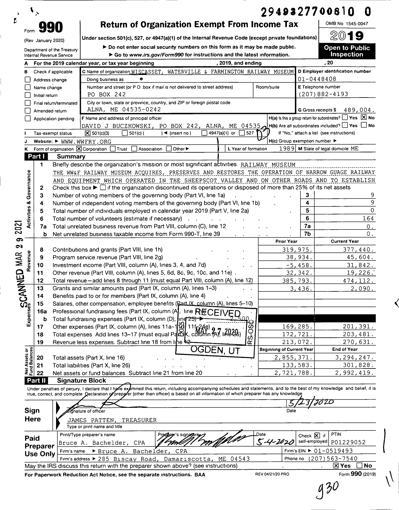 Image of first page of 2019 Form 990 for Wiscasset Waterville and Farmington Railway Museum