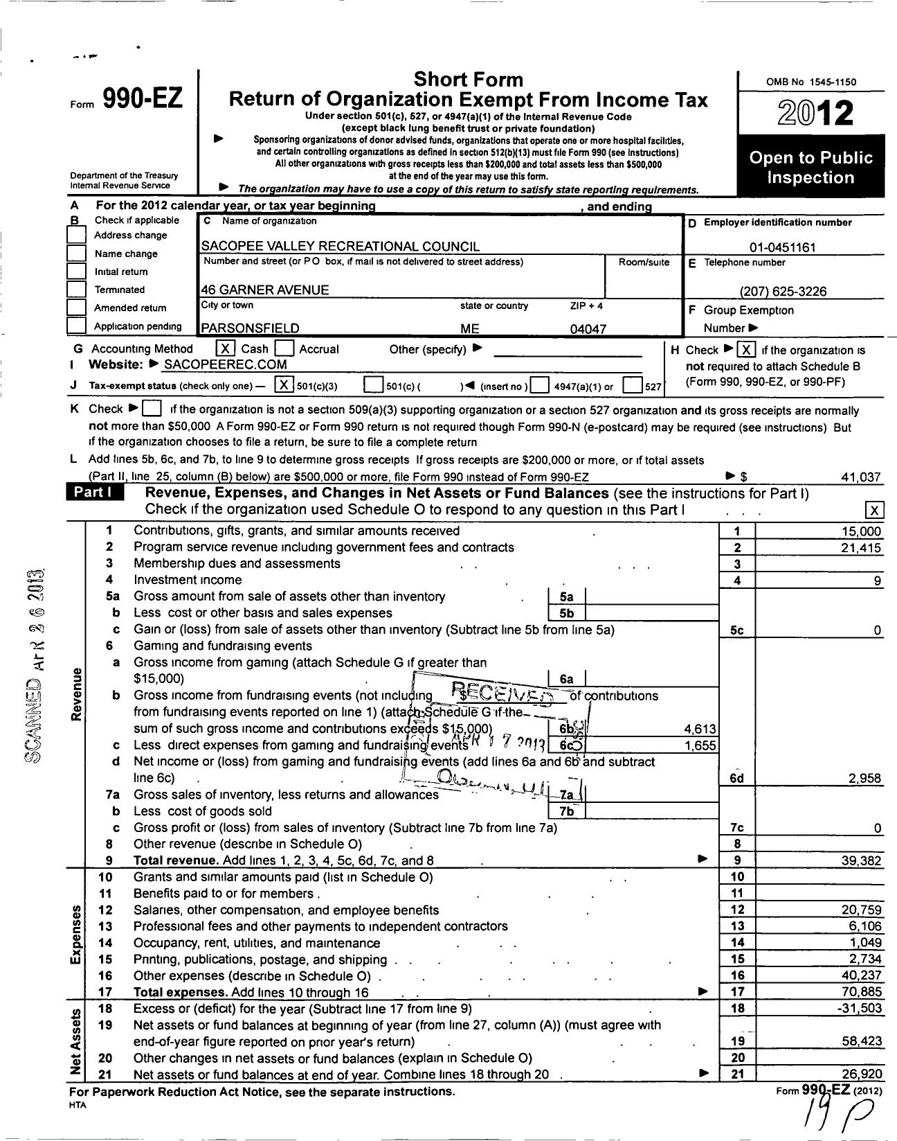 Image of first page of 2012 Form 990EZ for Sacoppe Valley Recreation Council