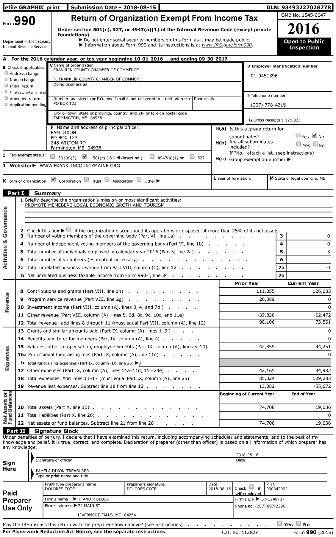 Image of first page of 2016 Form 990 for Franklin County Chamber of Commerce