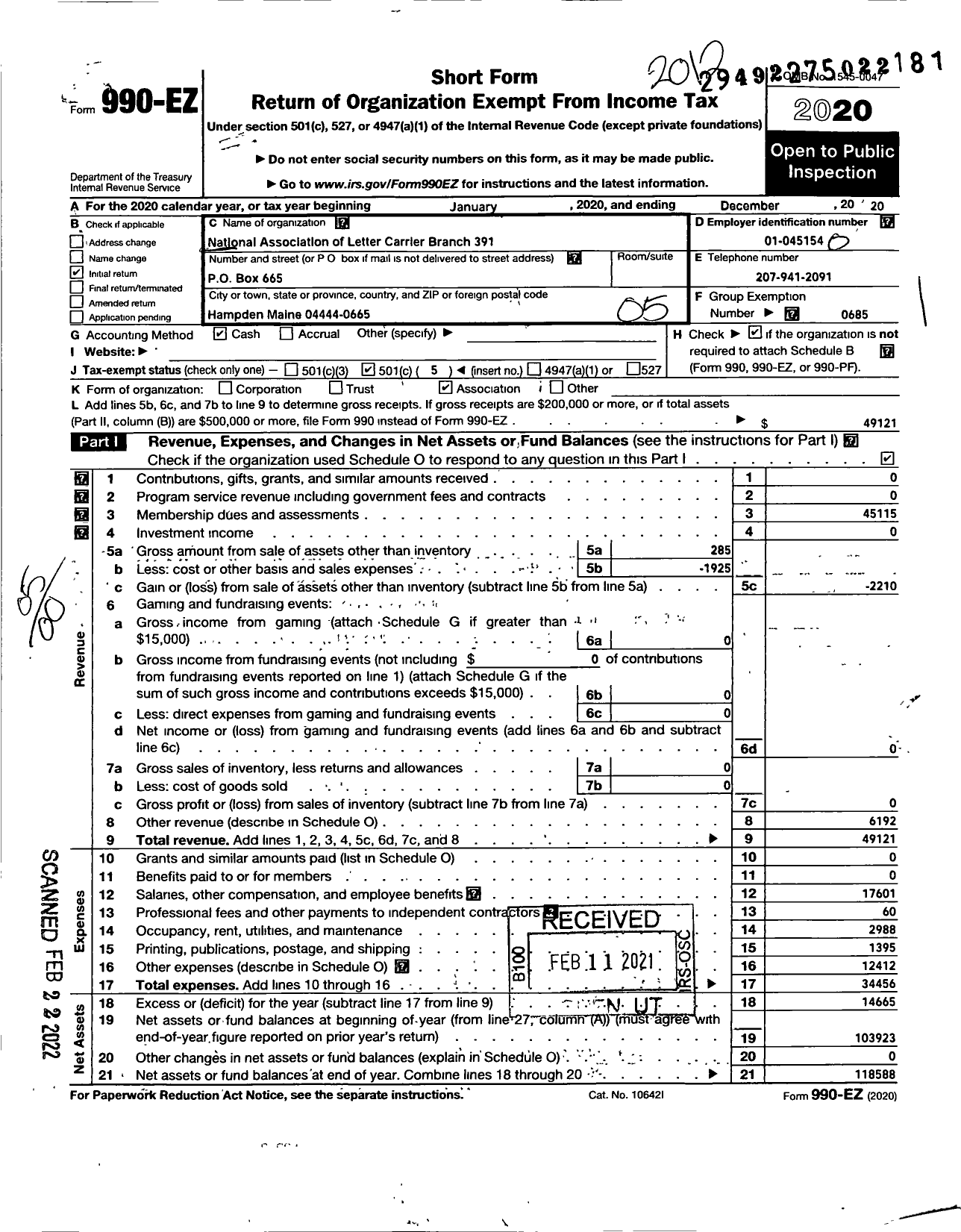 Image of first page of 2020 Form 990EO for National Association of Letter Carriers - 391 Central Maine Merged