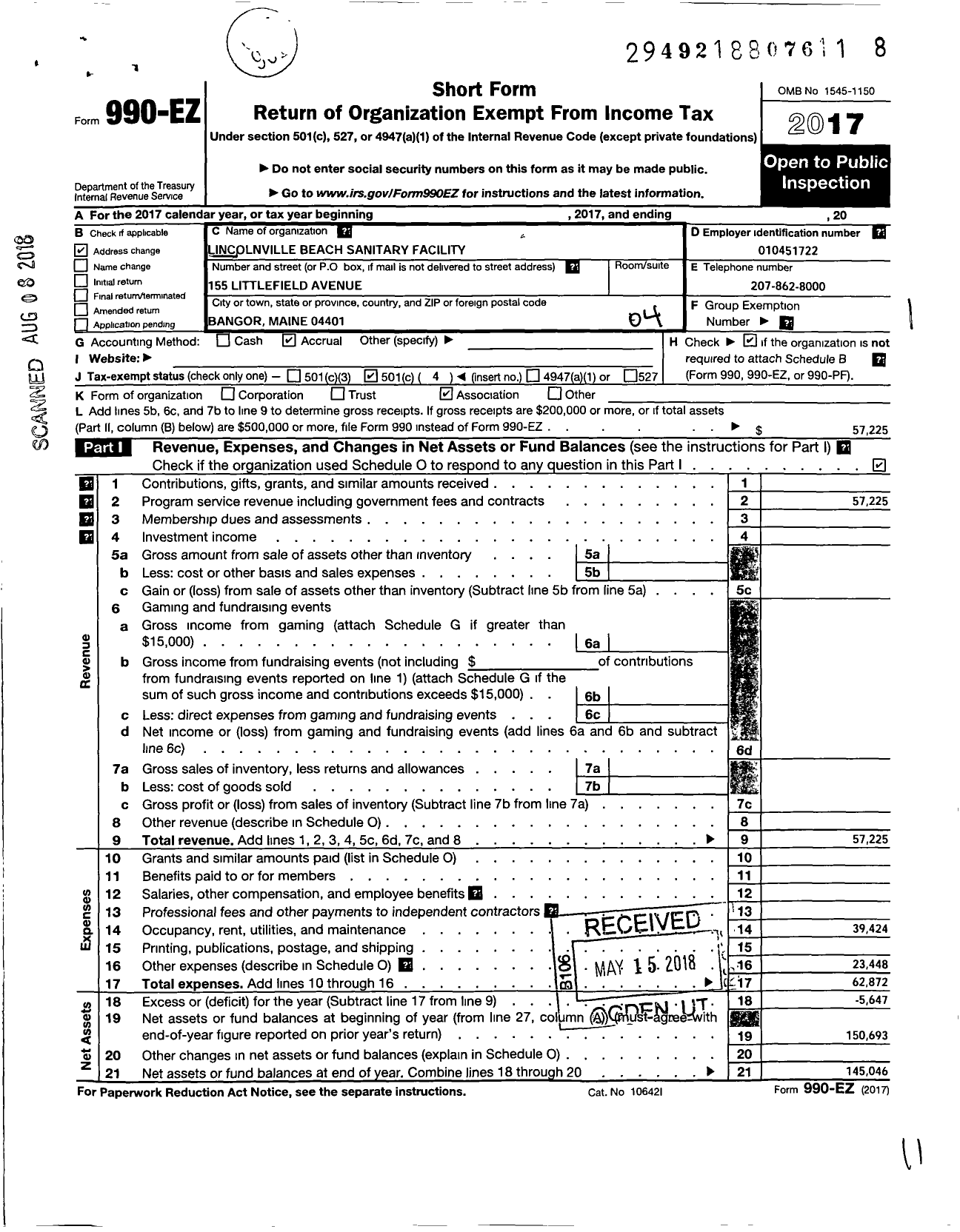 Image of first page of 2017 Form 990EO for Lincolnville Beach Sanitary Facility