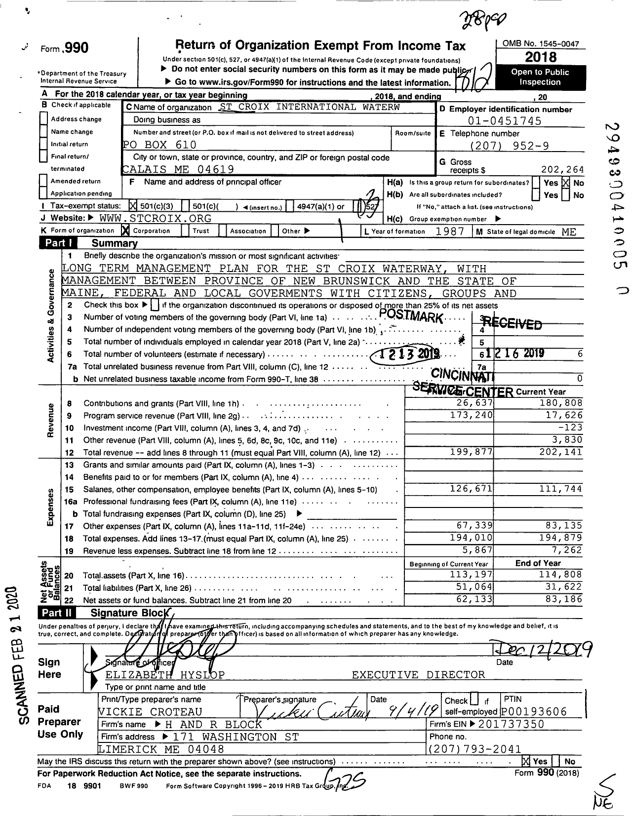 Image of first page of 2018 Form 990 for St Croix International Waterway Commission