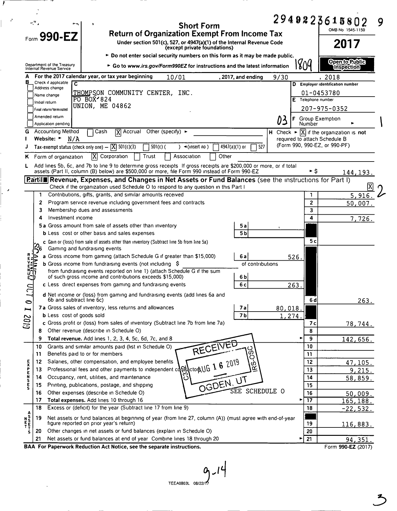 Image of first page of 2017 Form 990EZ for Thompson Community Center