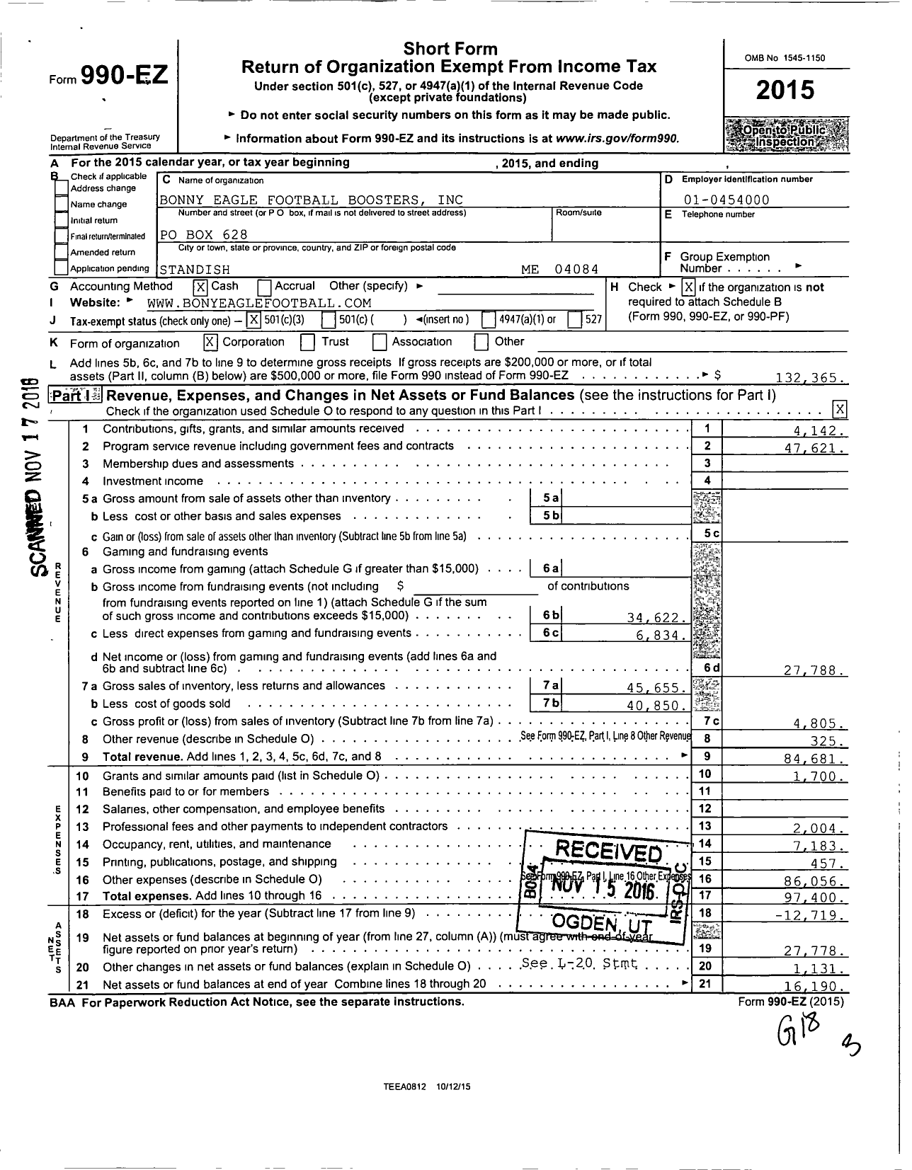 Image of first page of 2015 Form 990EZ for Bonny Eagle Football Boosters