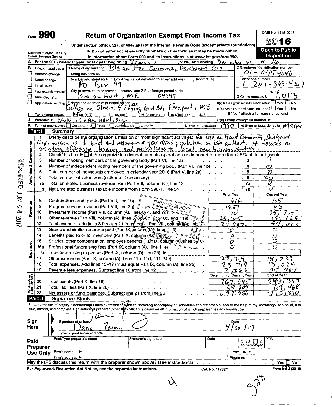 Image of first page of 2016 Form 990 for Isle Au Haut Community Development Corporation