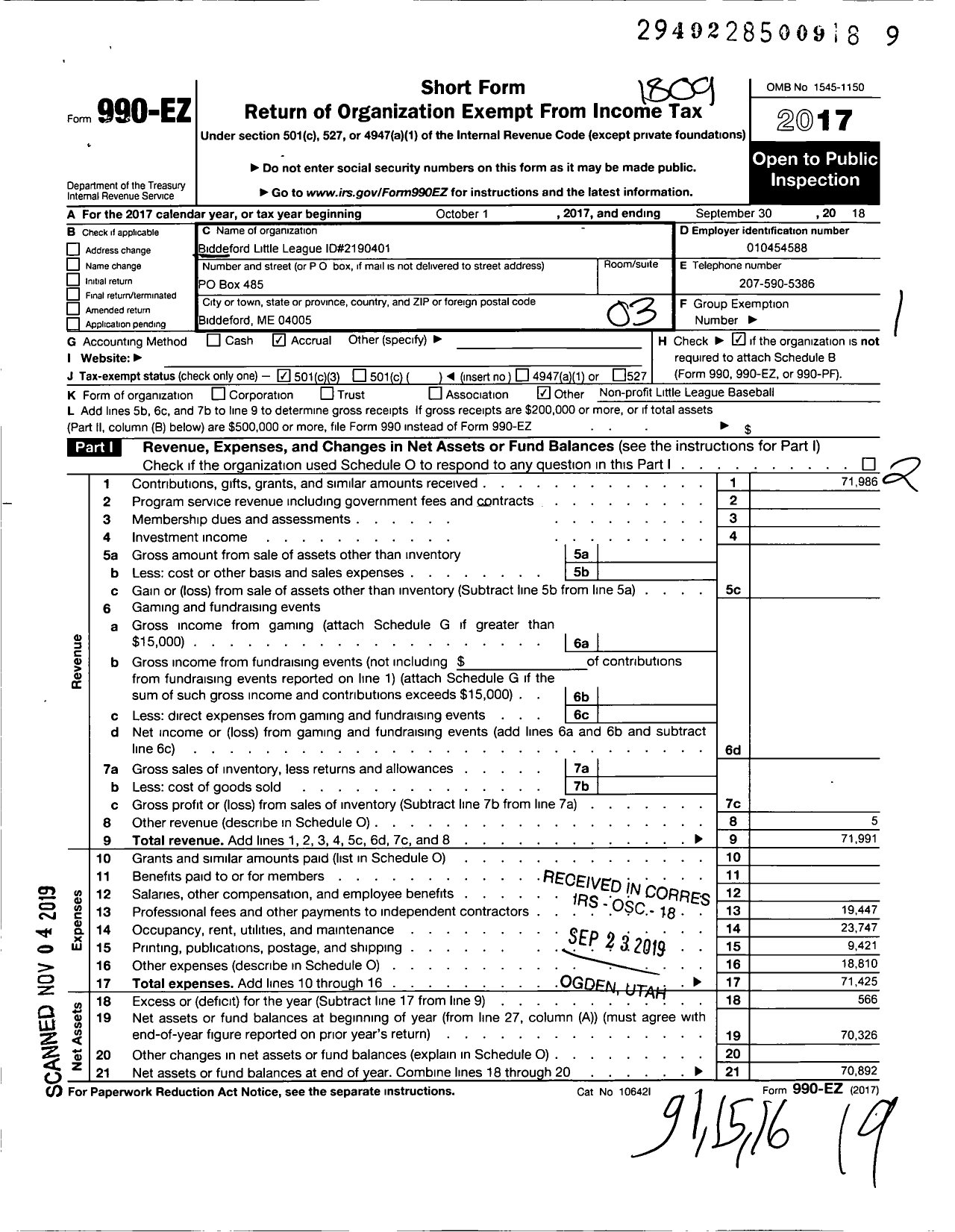 Image of first page of 2017 Form 990EZ for Little League Baseball - 2190401 Biddeford LL