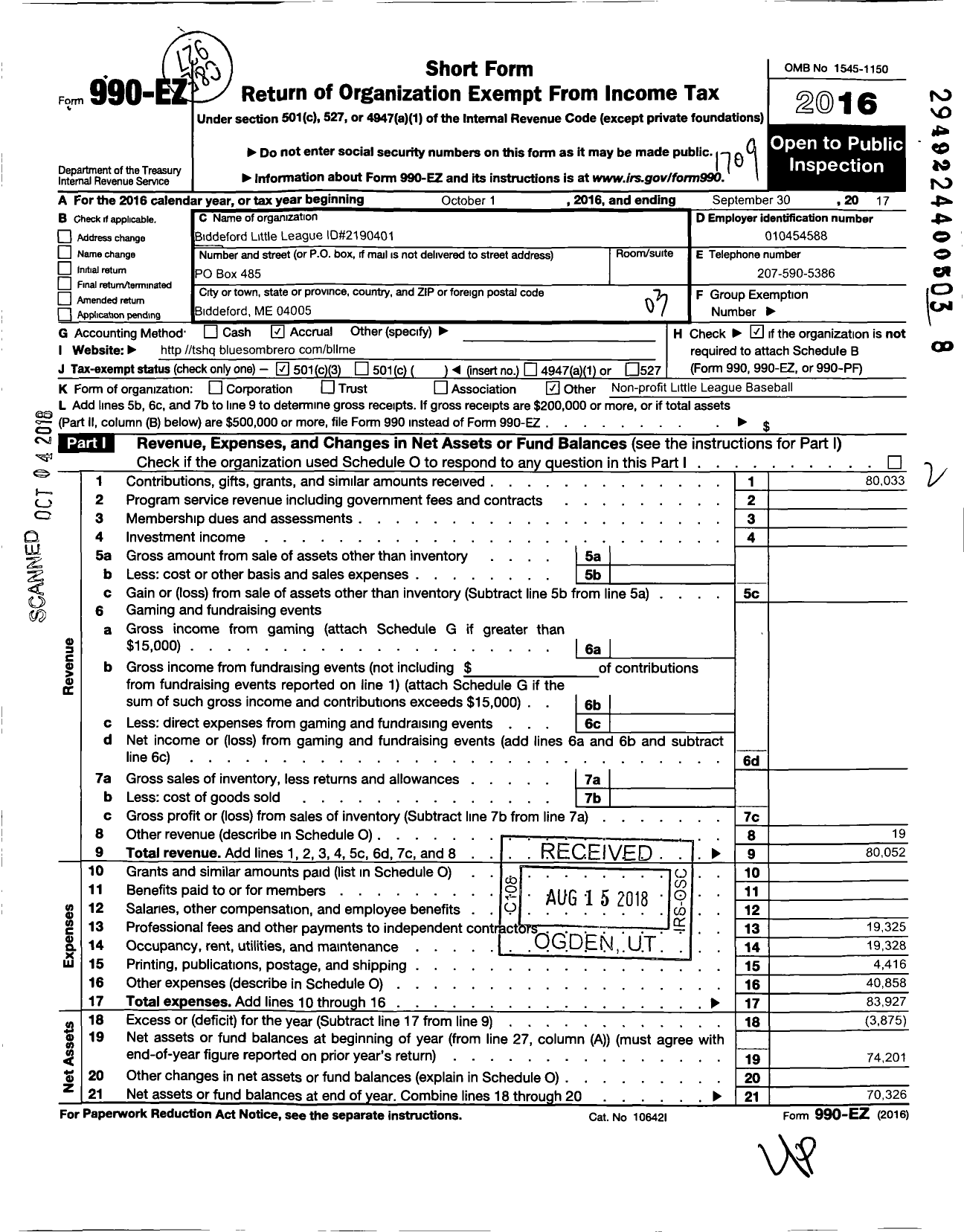 Image of first page of 2016 Form 990EZ for Little League Baseball - 2190401 Biddeford LL