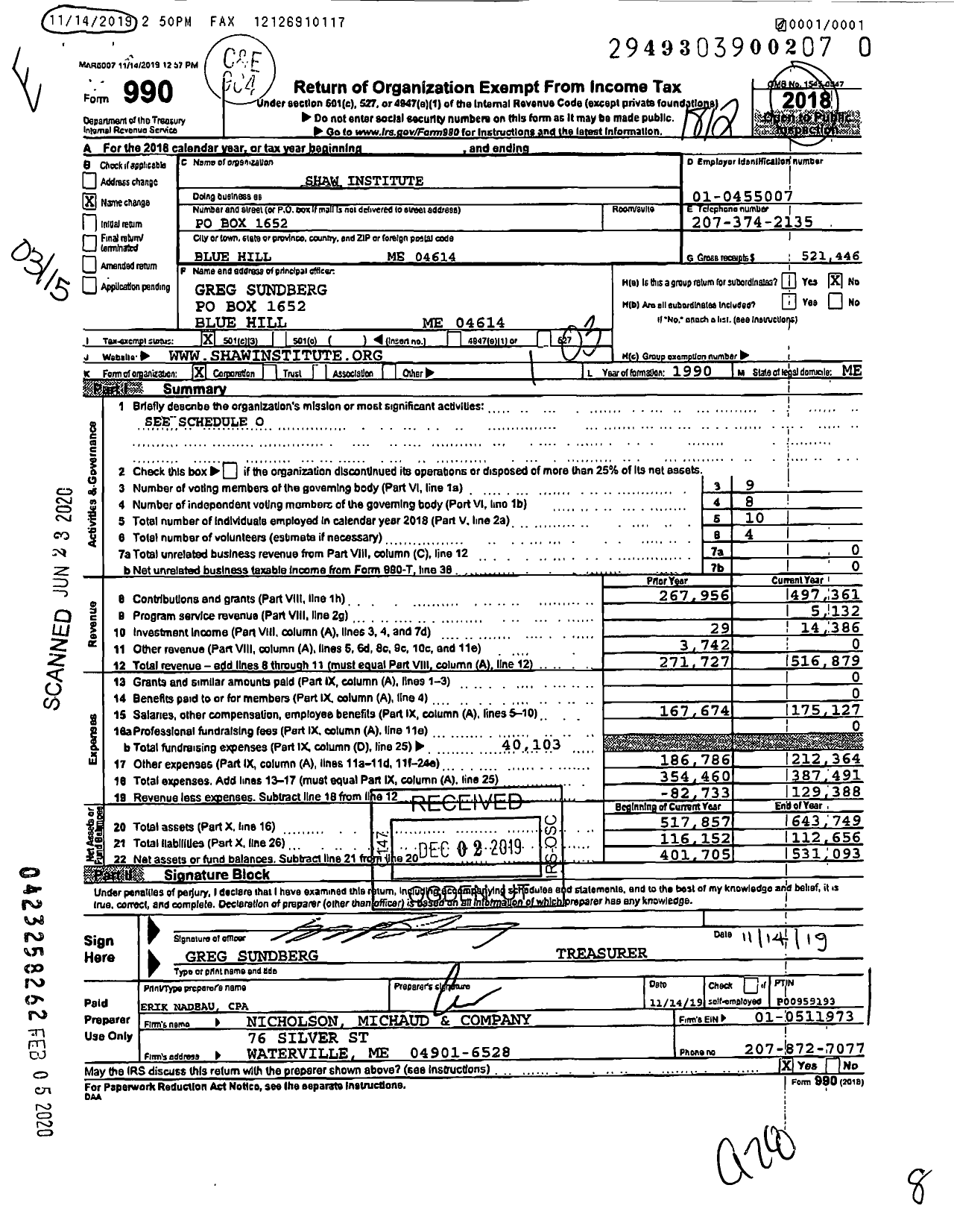 Image of first page of 2018 Form 990 for Shaw Institute (MERI)