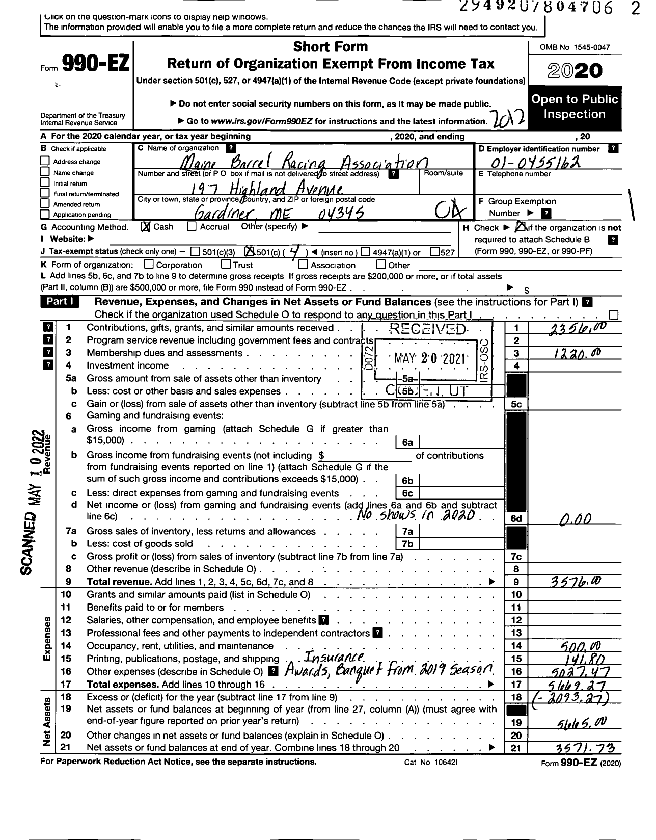 Image of first page of 2020 Form 990EO for Maine Barrel Racing Association