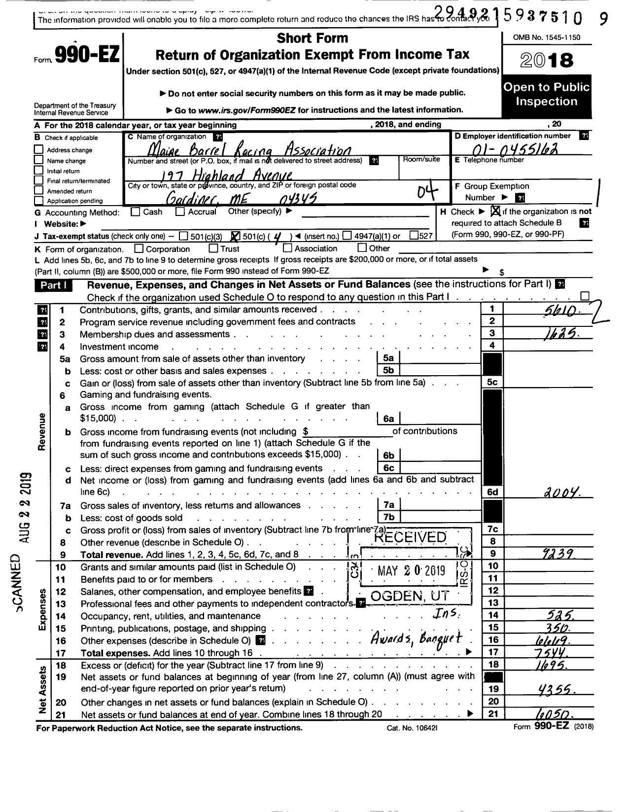 Image of first page of 2018 Form 990EO for Maine Barrel Racing Association