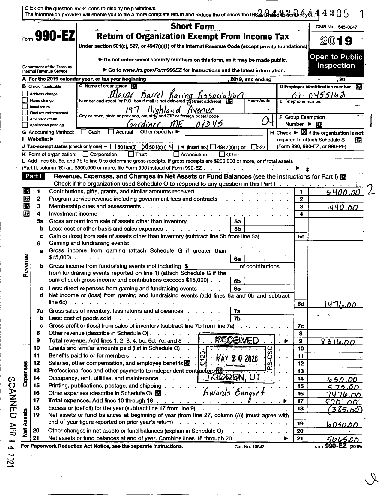 Image of first page of 2019 Form 990EO for Maine Barrel Racing Association