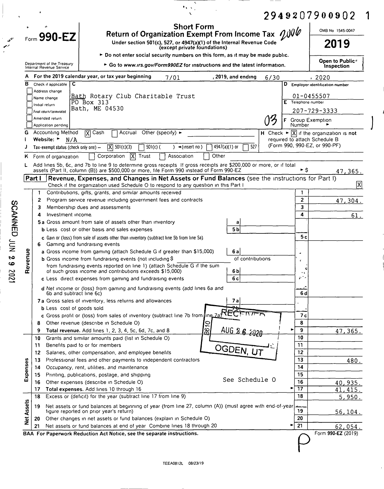 Image of first page of 2019 Form 990EZ for Bath Rotary Club Charitable Trust