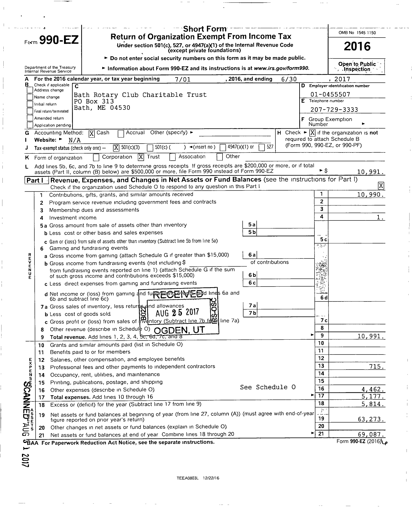 Image of first page of 2016 Form 990EZ for Bath Rotary Club Charitable Trust