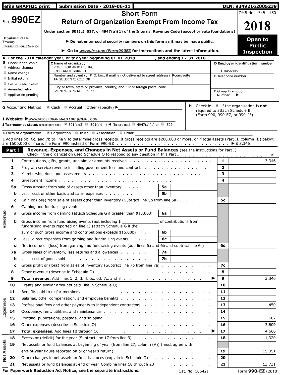 Image of first page of 2018 Form 990EZ for Voice for Animals