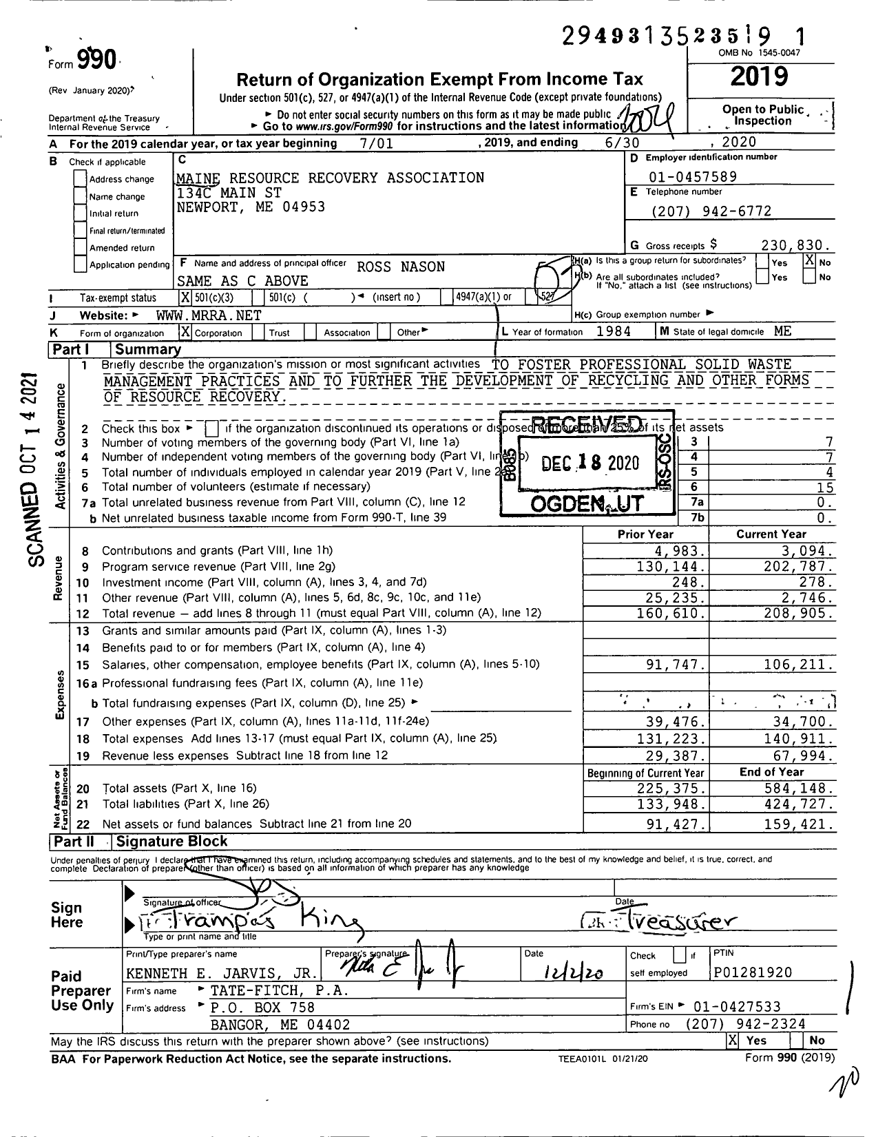 Image of first page of 2019 Form 990 for Maine Resource Recovery Association