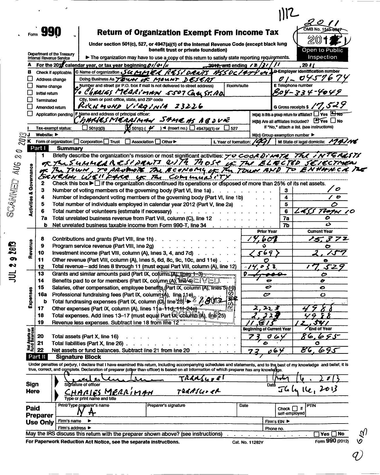 Image of first page of 2011 Form 990O for Summer Residents Association Town of Mount Desert