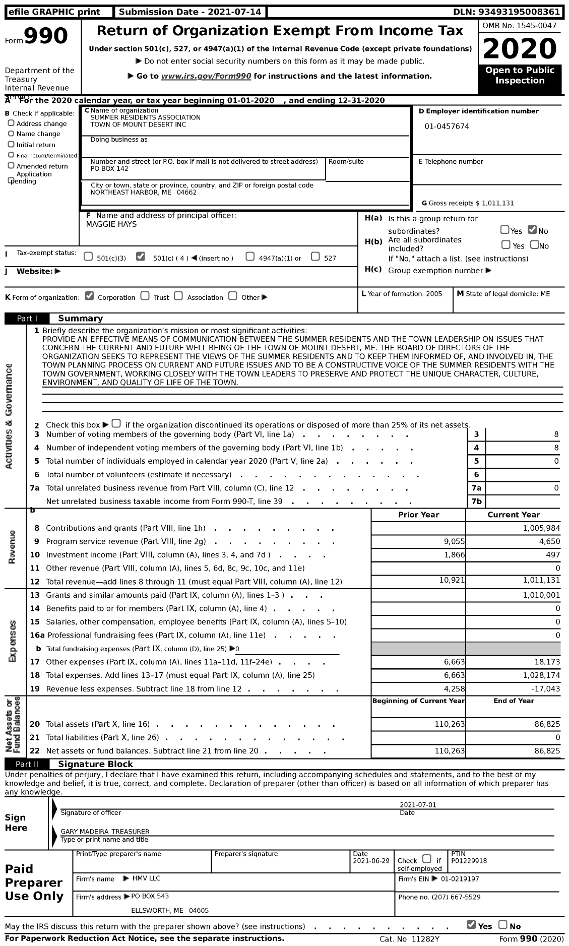 Image of first page of 2020 Form 990 for Summer Residents Association Town of Mount Desert