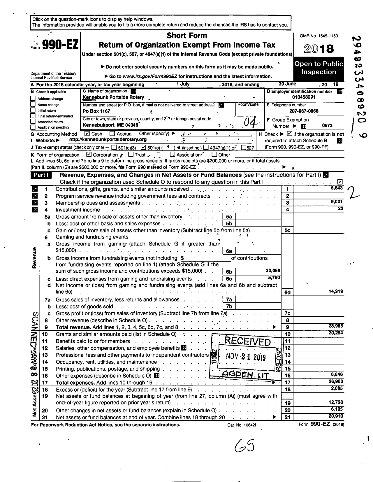 Image of first page of 2018 Form 990EO for Kennebunk Portside Rotary