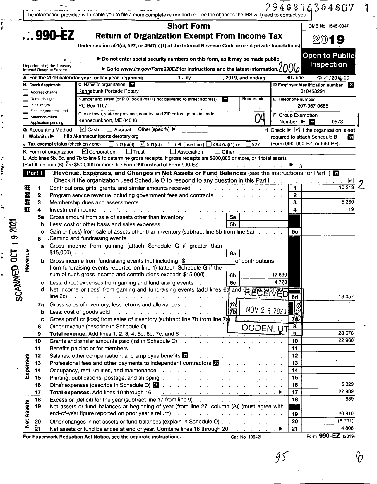 Image of first page of 2019 Form 990EO for Kennebunk Portside Rotary