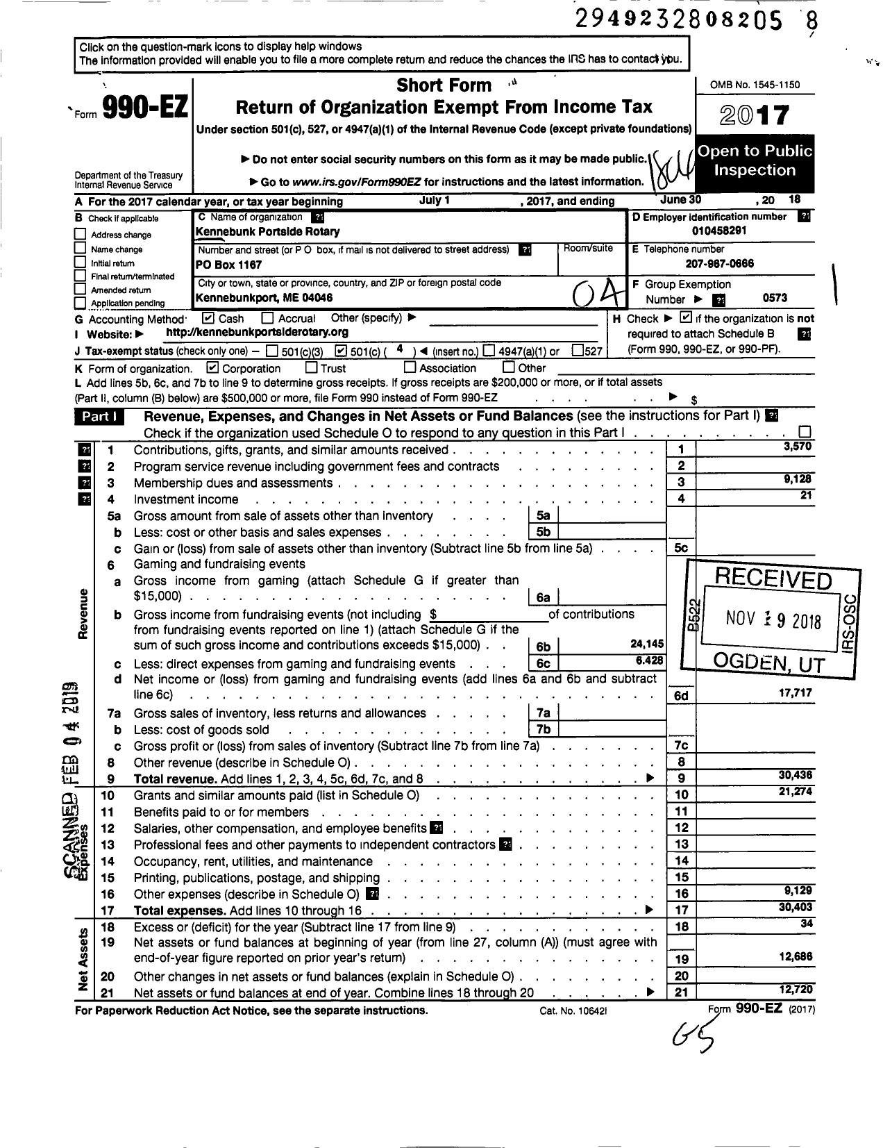 Image of first page of 2017 Form 990EO for Kennebunk Portside Rotary