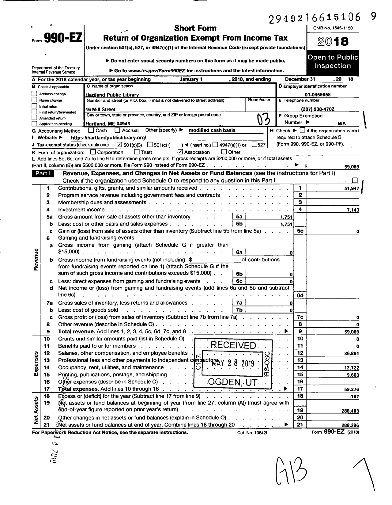 Image of first page of 2018 Form 990EZ for Hartland Public Library