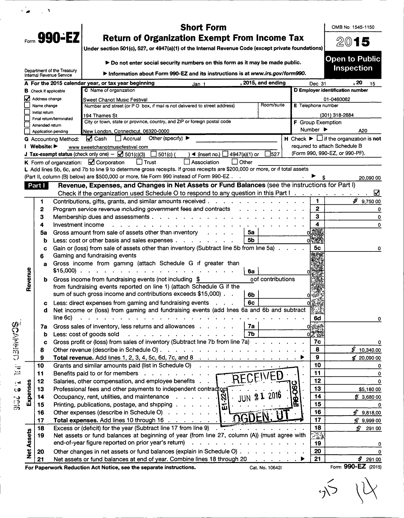 Image of first page of 2015 Form 990EZ for Sweet Chariot Music Festival