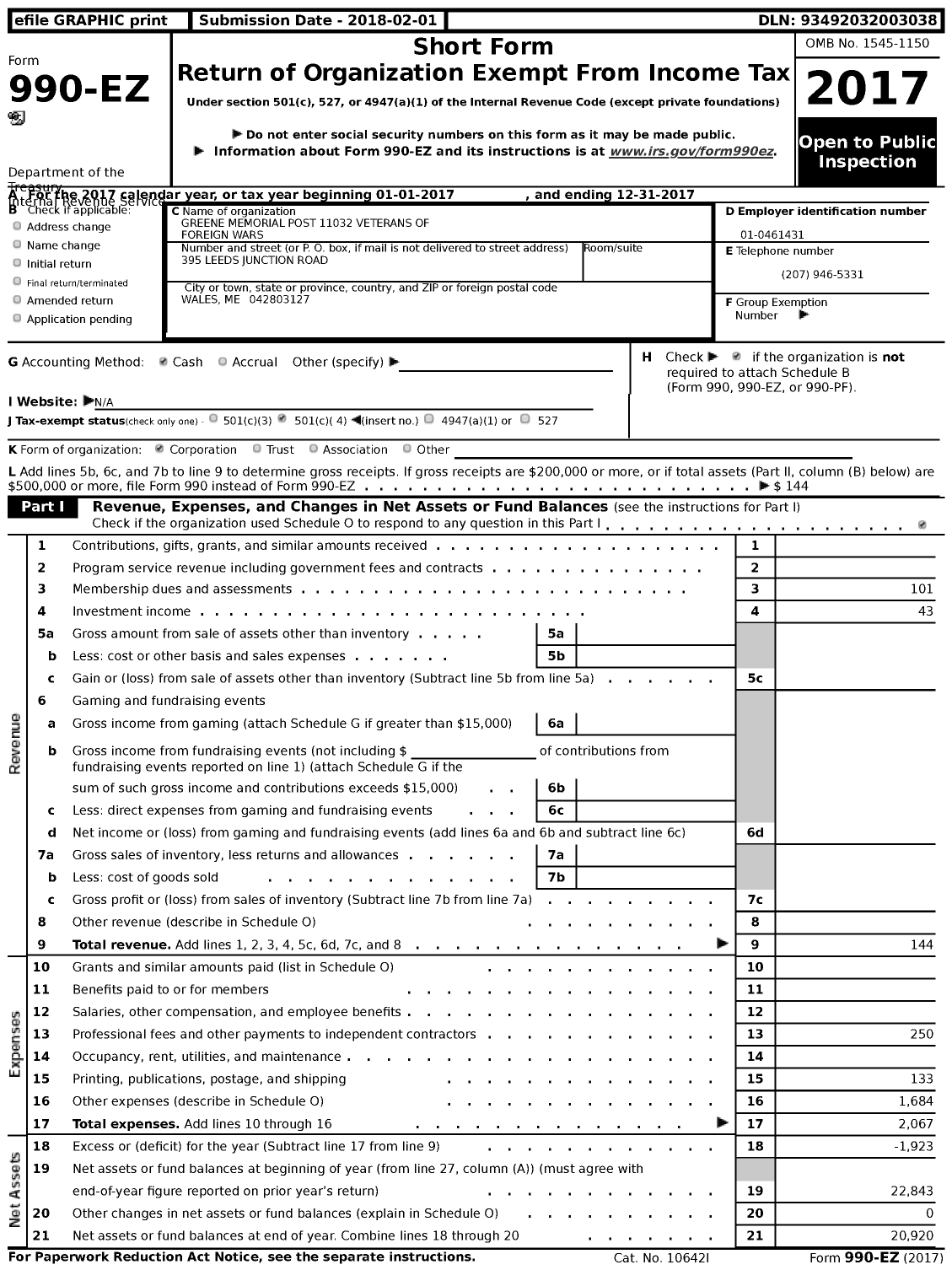 Image of first page of 2017 Form 990EZ for Greene Memorial Post 11032 Veterans of Foreign Wars