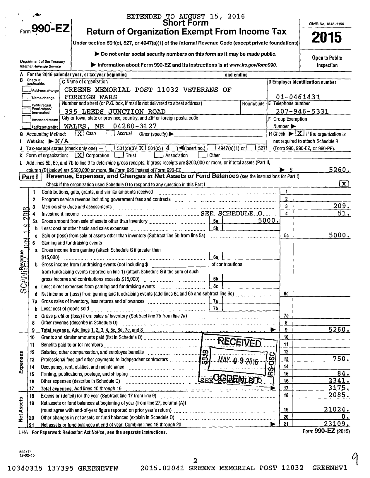 Image of first page of 2015 Form 990EO for Greene Memorial Post 11032 Veterans of Foreign Wars