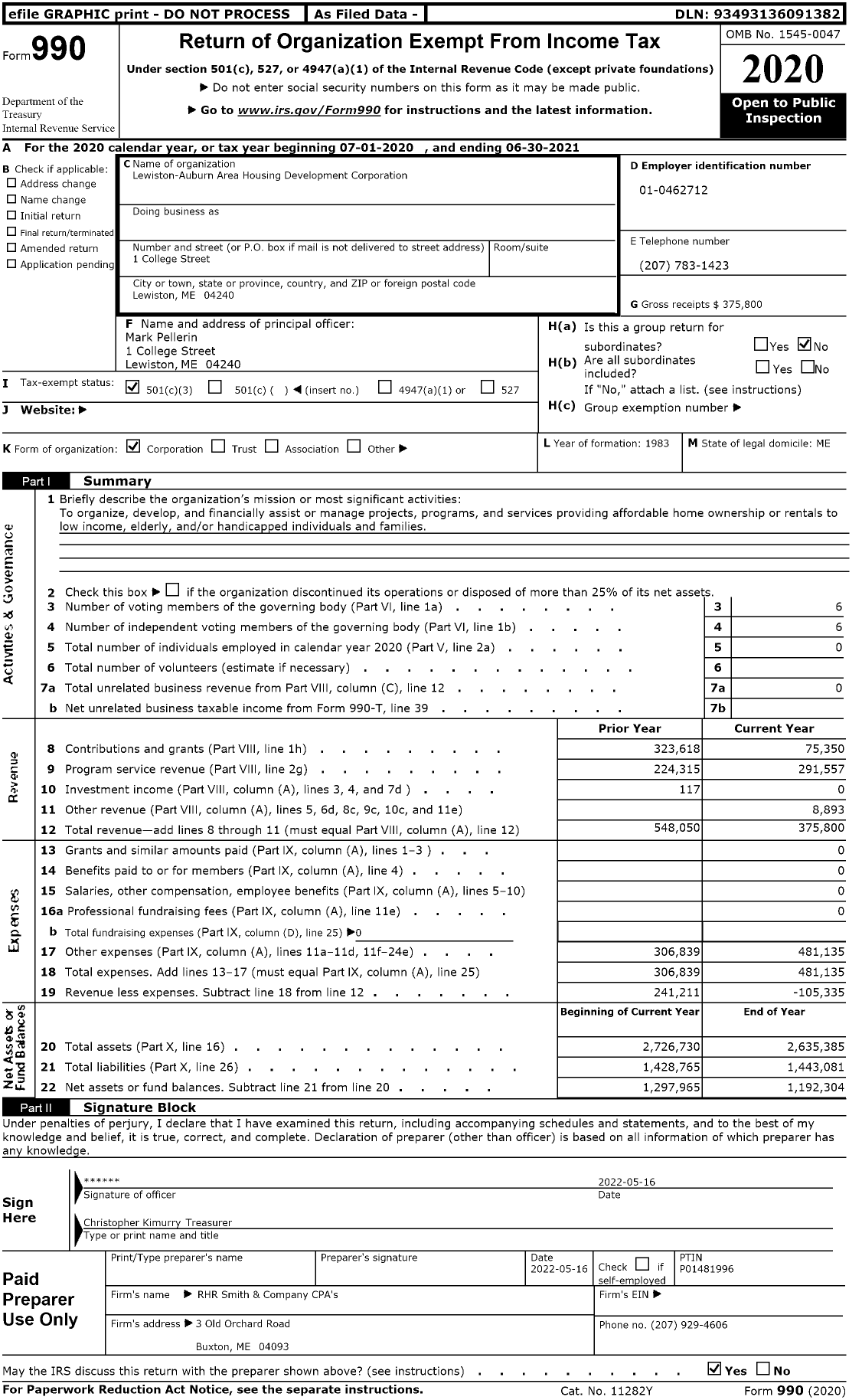 Image of first page of 2020 Form 990 for Lewiston-Auburn Area Housing Development Corporation