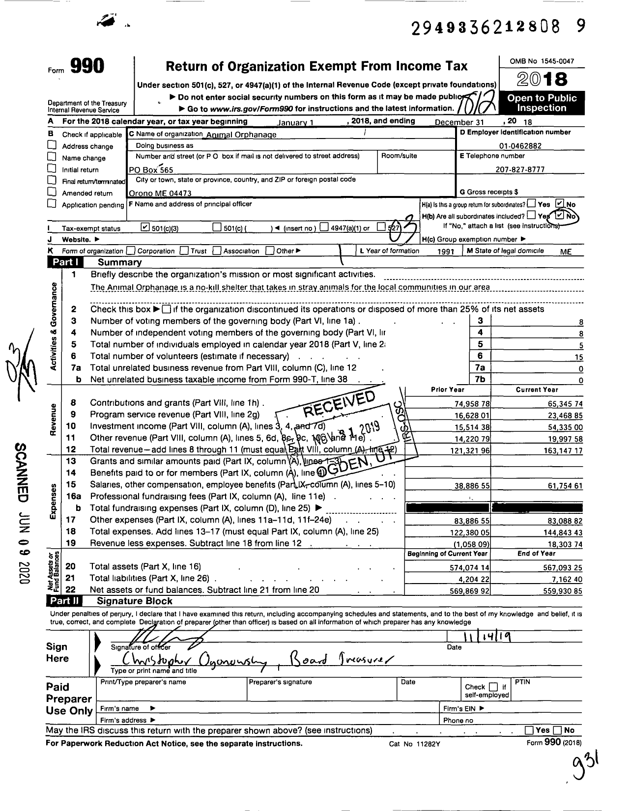 Image of first page of 2018 Form 990 for Animal Orphanage