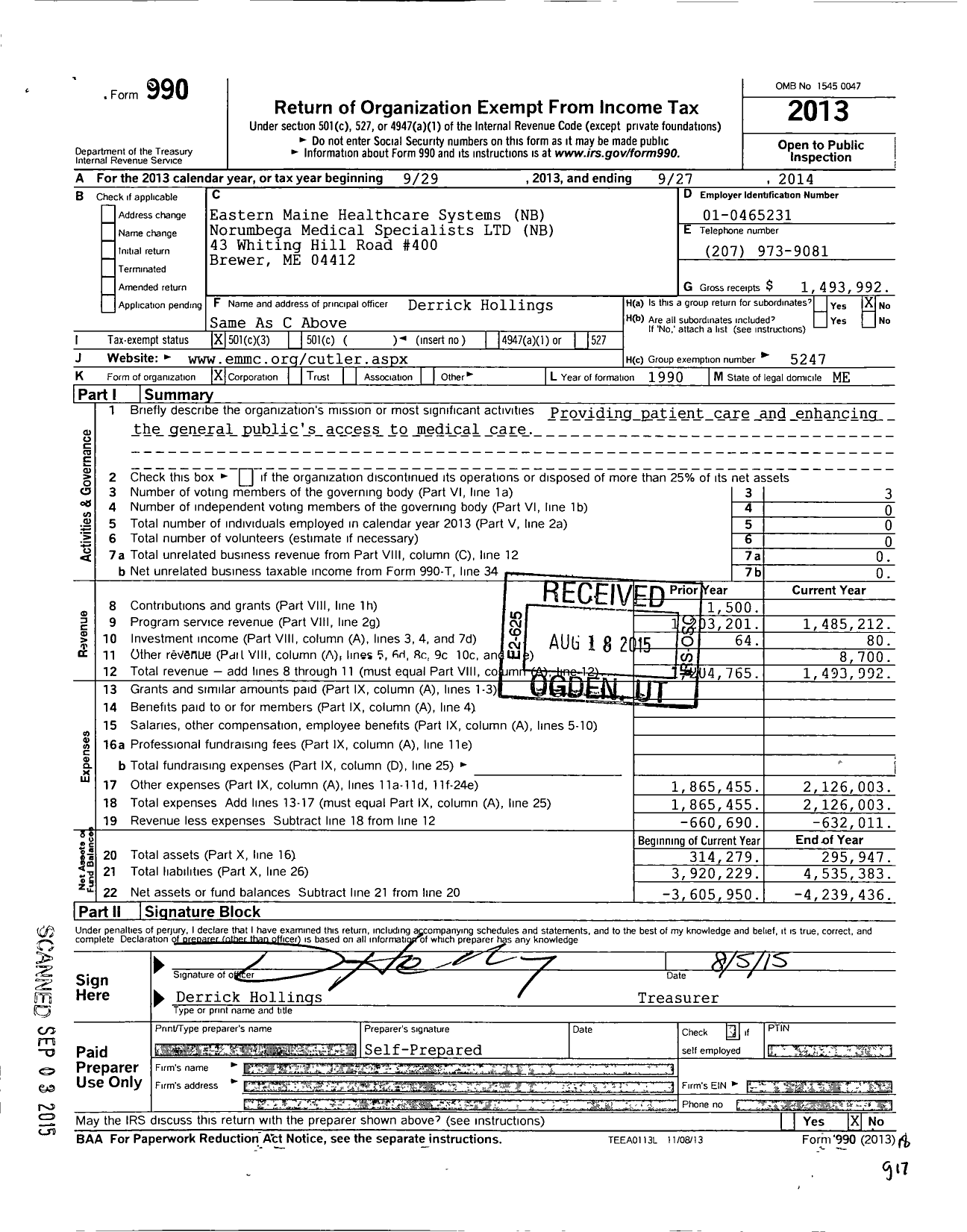 Image of first page of 2013 Form 990 for Eastern Maine Healthcare Systems / Norumbega Medical Specialists Ltd
