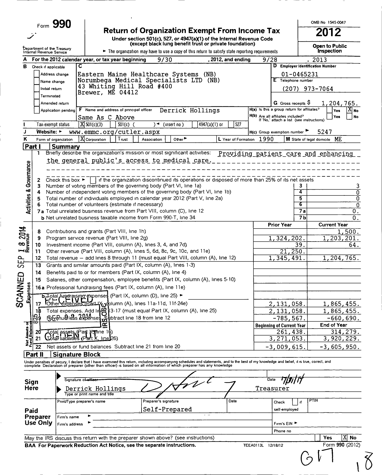 Image of first page of 2012 Form 990 for Eastern Maine Healthcare Systems / Norumbega Medical Specialists Ltd