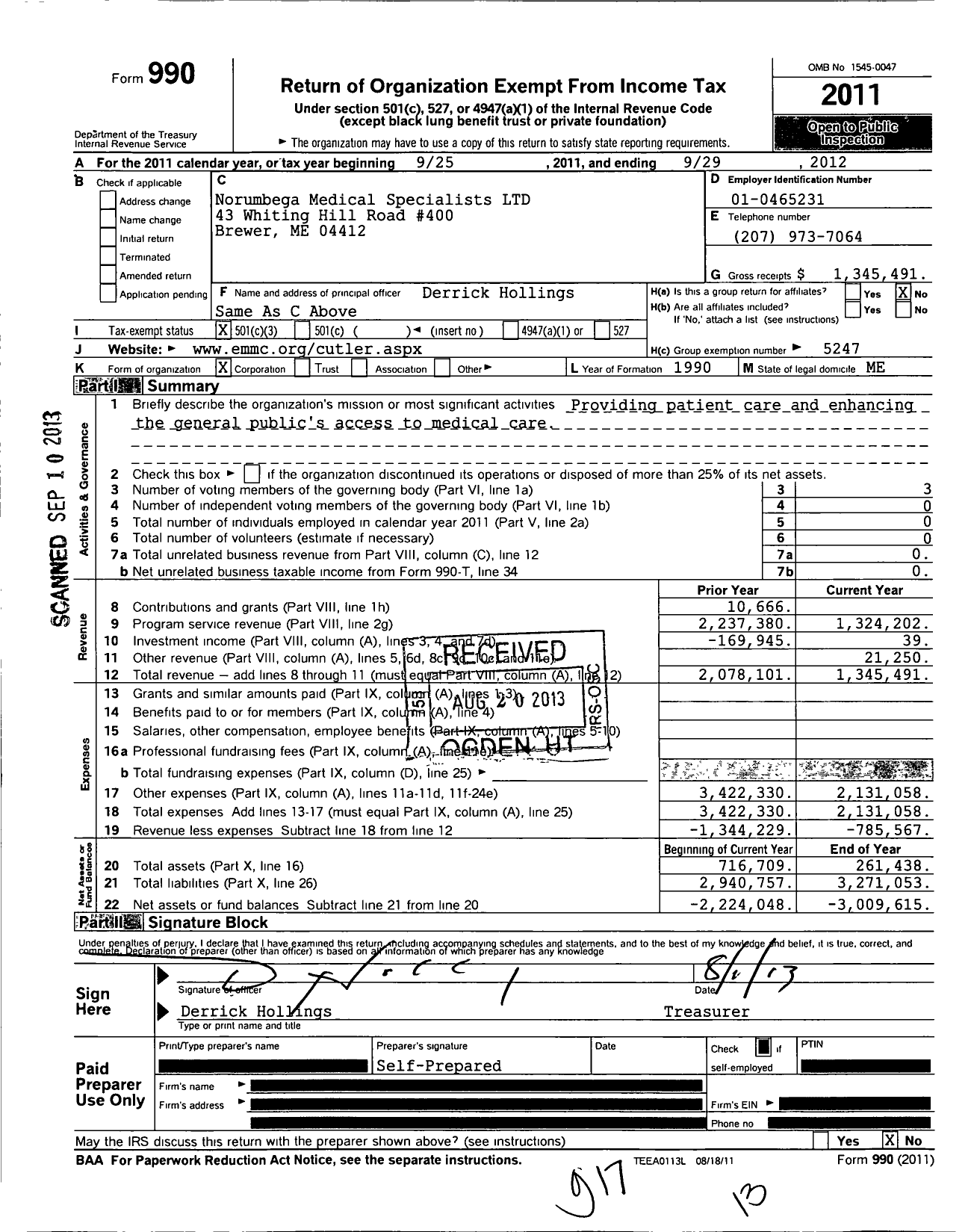 Image of first page of 2011 Form 990 for Eastern Maine Healthcare Systems / Norumbega Medical Specialists Ltd