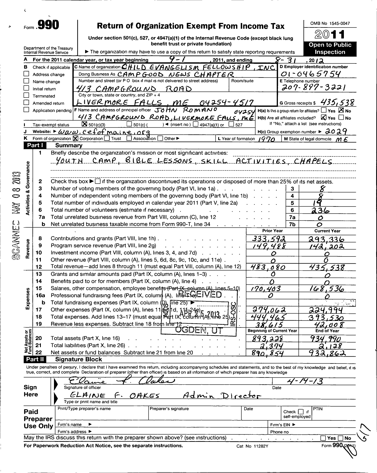 Image of first page of 2011 Form 990 for Camp Good News Chapter