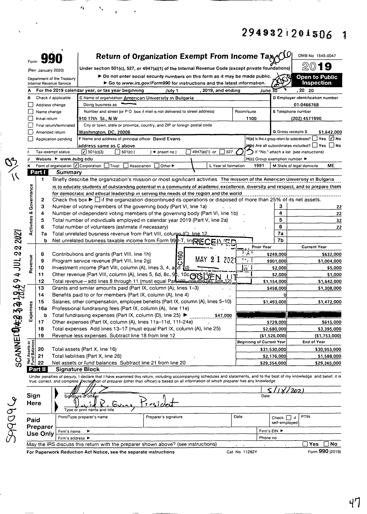 Image of first page of 2019 Form 990 for American University in Bulgaria (AUBG)